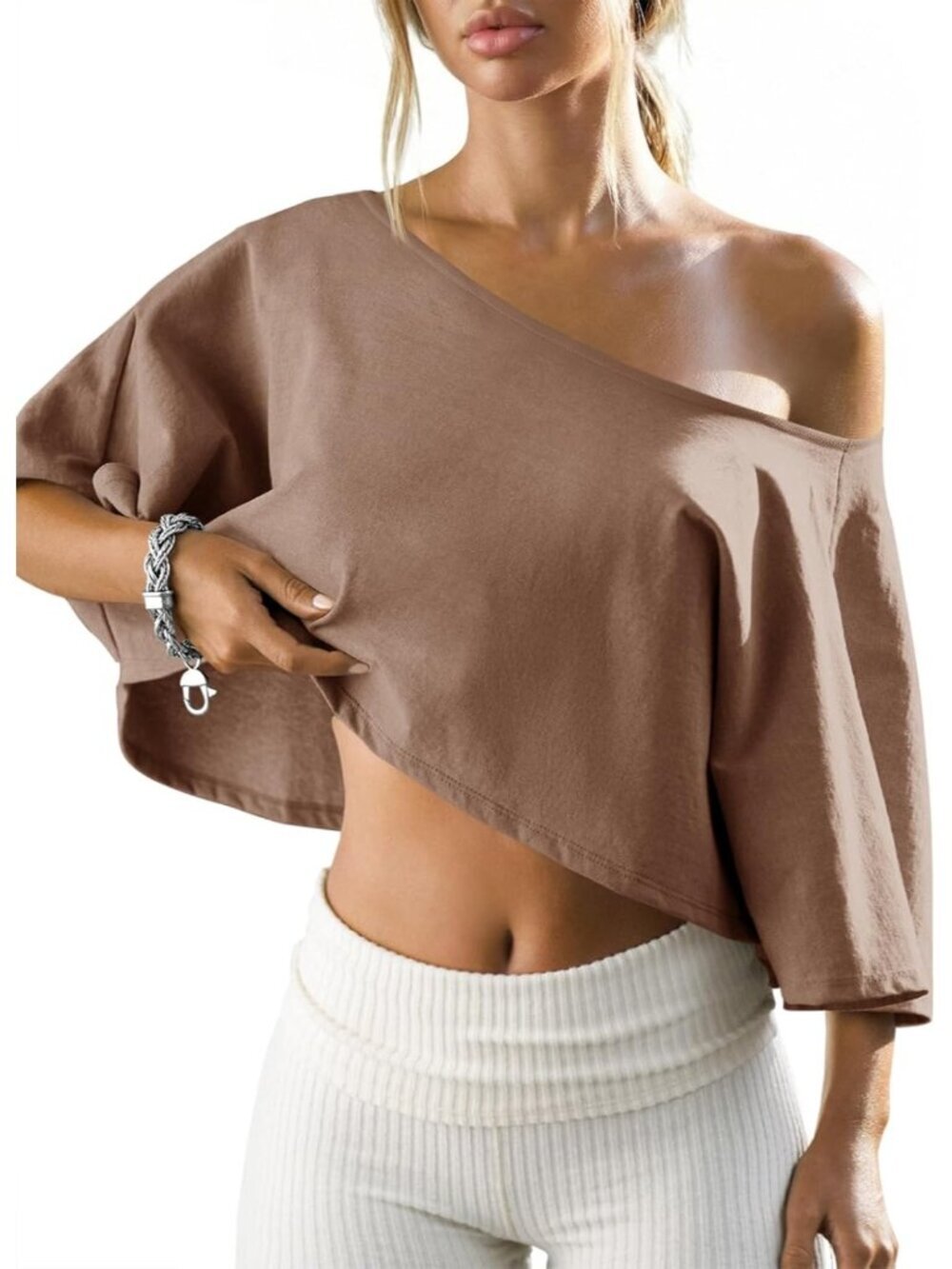 Women's Khaki Off Shoulder Cropped Batwing Top Wide Neck Short Sleeve